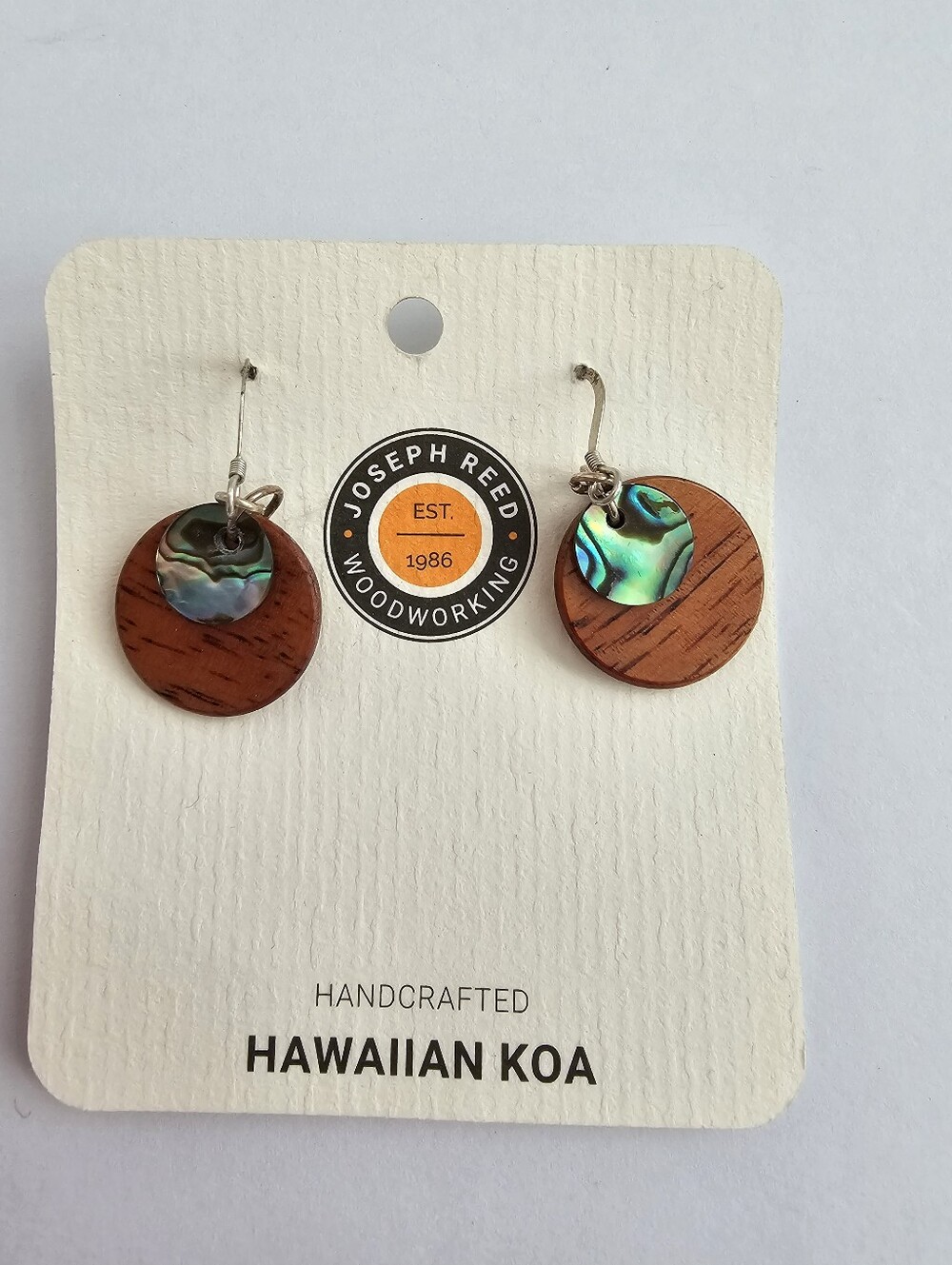 Vintage Joseph Reed Koa Wood Abalone Drop Earrings Sterling Silver NWT Coastal
